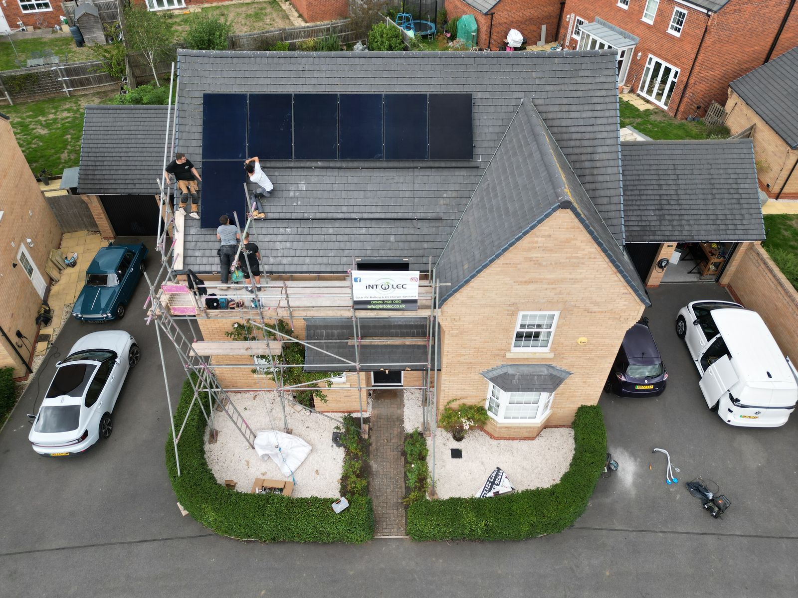 Close aerial view during solar installation